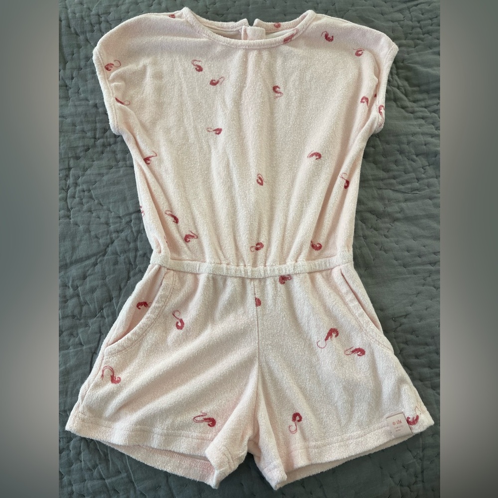 Omamimini Terry 100% Cotton Pink Shrimps Short Romper Pockets Summer Preppy Sz 6